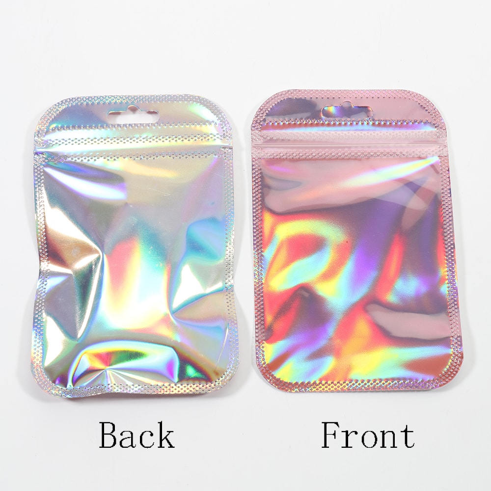 Resealable Zip Lock Pouches Pink Laser Iridescent Plastic Bags For Jewelry Display Retail 4