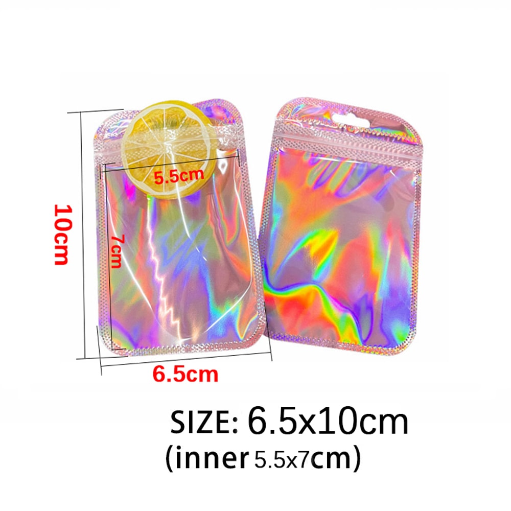 Resealable Zip Lock Pouches Pink Laser Iridescent Plastic Bags For Jewelry Display Retail 6