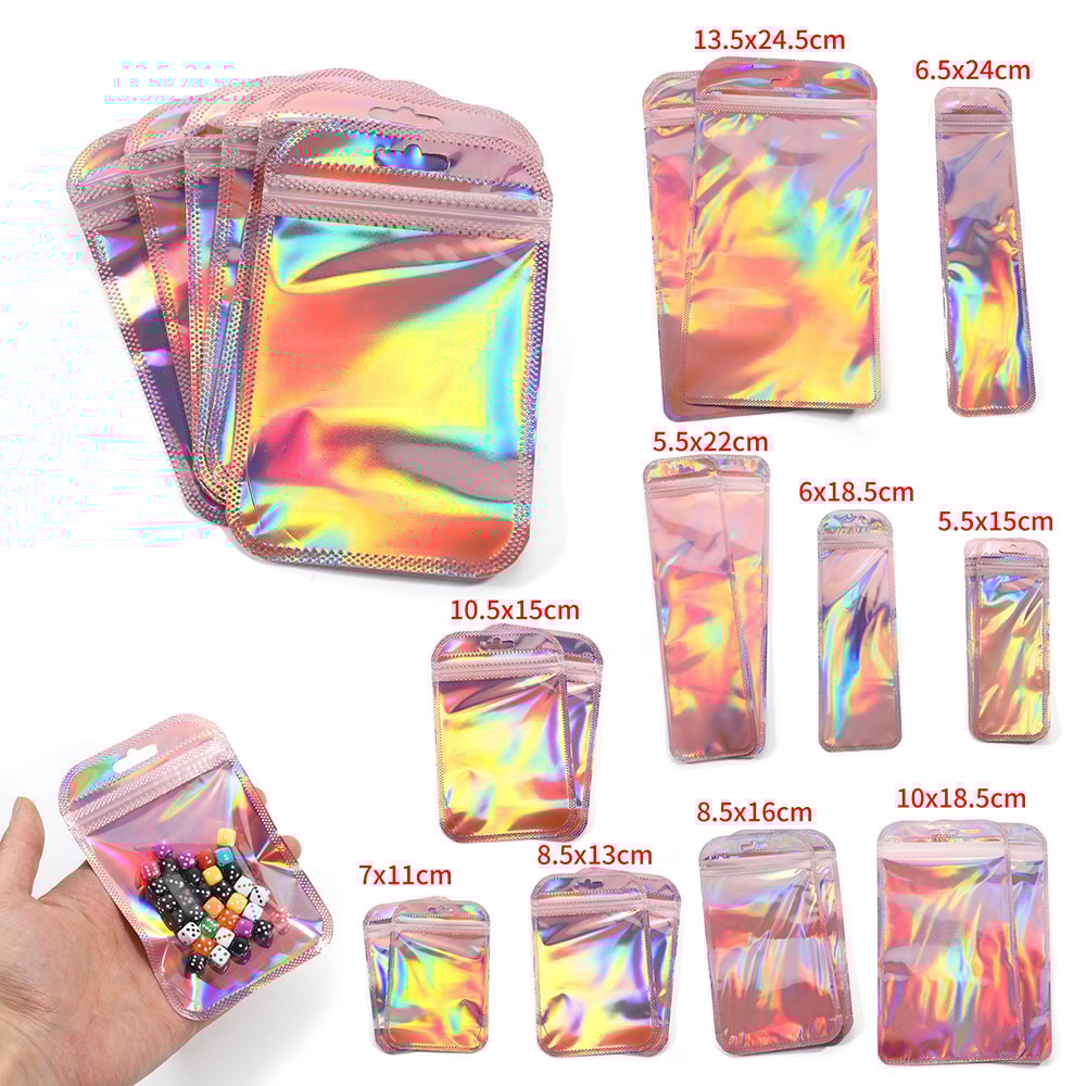 Resealable Zip Lock Pouches Pink Laser Iridescent Plastic Bags For Jewelry Display Retail 5
