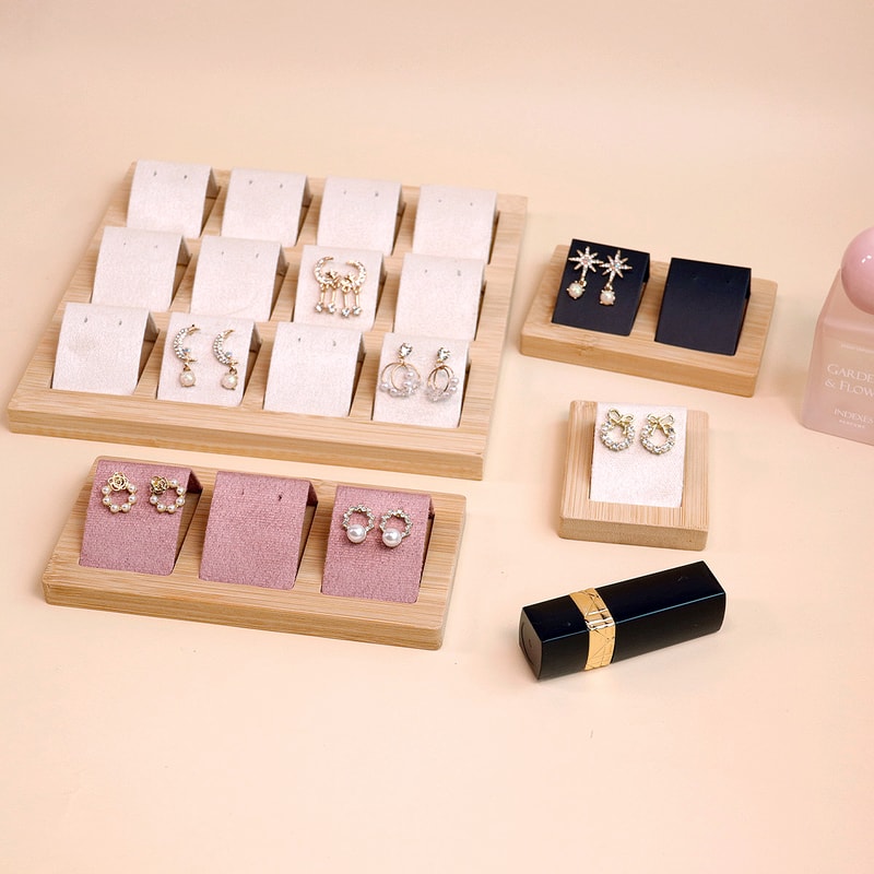 DIY Velvet PU Leather Jewelry Storage Tray Bamboo Wood Earrings Display Stand For Window Counter 1