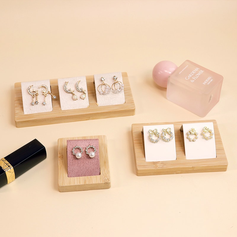 DIY Velvet PU Leather Jewelry Storage Tray Bamboo Wood Earrings Display Stand For Window Counter 2