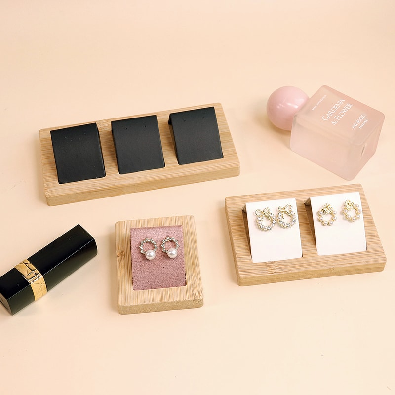 DIY Velvet PU Leather Jewelry Storage Tray Bamboo Wood Earrings Display Stand For Window Counter 3