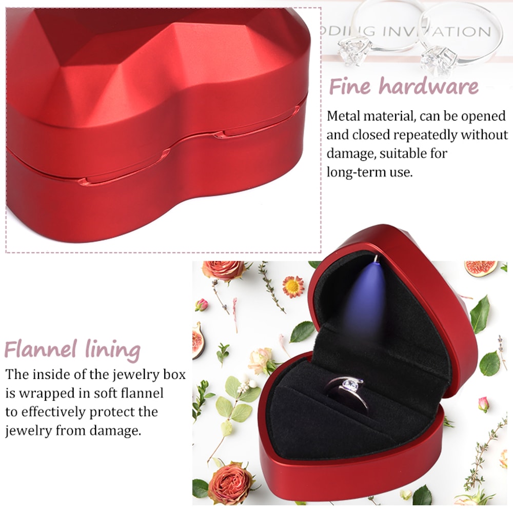 Square Velvet LED Light Ring Box Heart Shaped Jewelry Display Storage Case For Engagement Wedding P 2