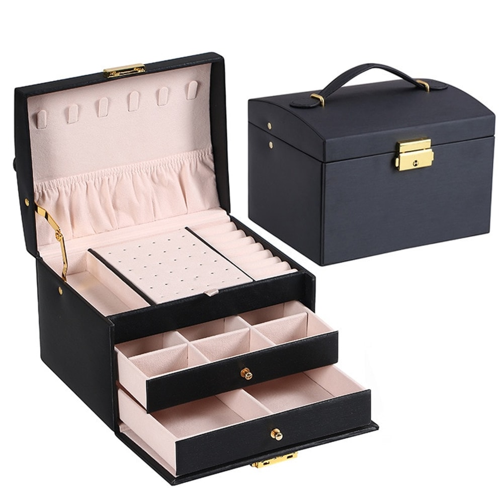 Three Layer Leather Drawer Jewelry Box Multi Functional Earrings Lock Organizer For Jewelry 8
