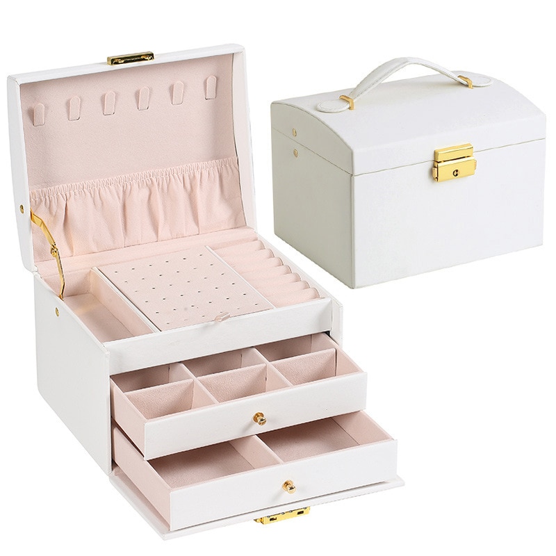 Three Layer Leather Drawer Jewelry Box Multi Functional Earrings Lock Organizer For Jewelry 9
