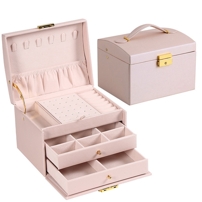 Three Layer Leather Drawer Jewelry Box Multi Functional Earrings Lock Organizer For Jewelry 6