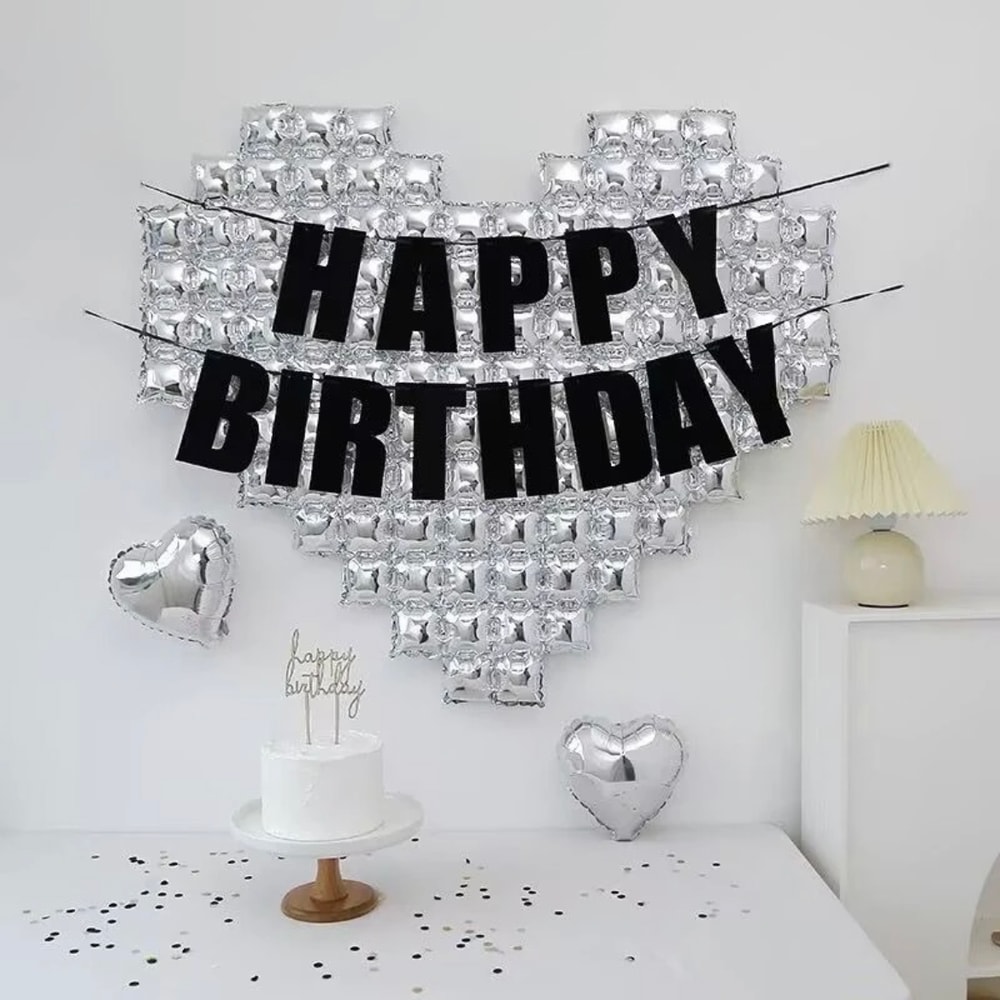 Oversized Silver Mosaic Heart Backdrop Balloons Happy Birthday Decorations Black Glitter Banner 0
