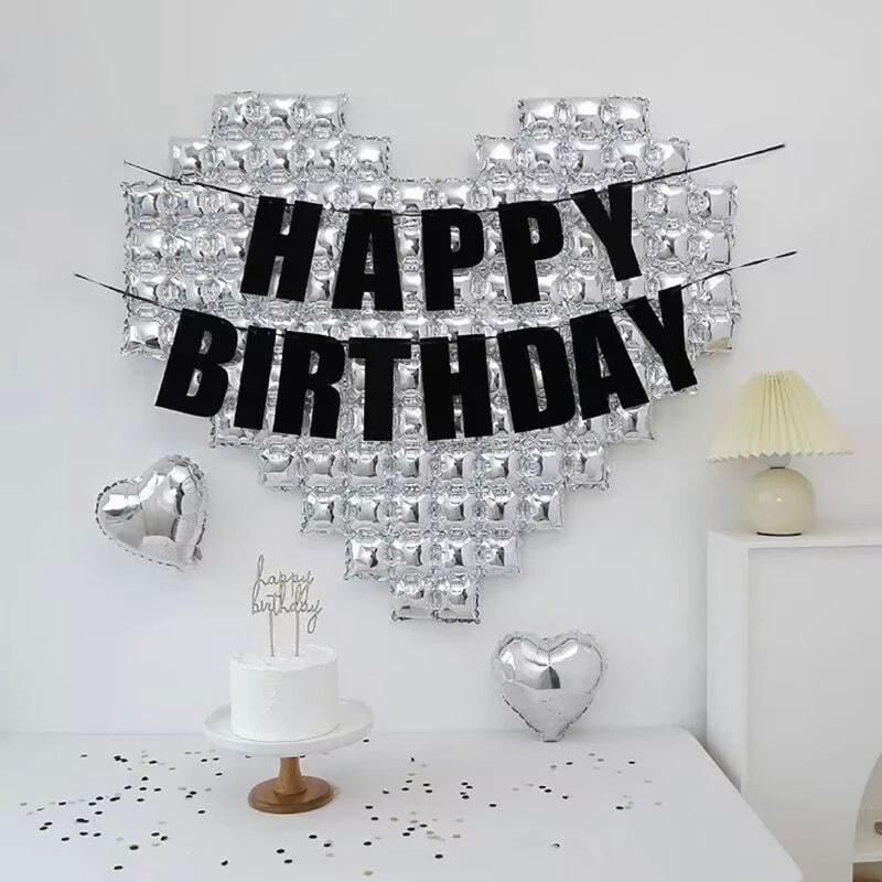 Oversized Silver Mosaic Heart Backdrop Balloons Happy Birthday Decorations Black Glitter Banner 0