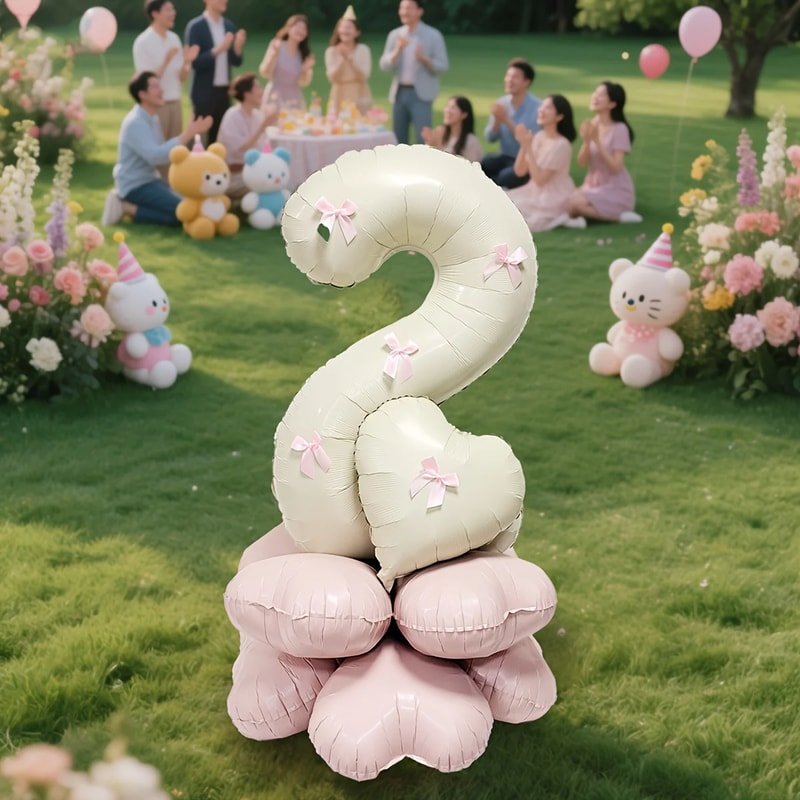 Cream White Balloon Set With Light Pink Heart Foil Bow For Birthday Wedding Valentines Day Annivers 1
