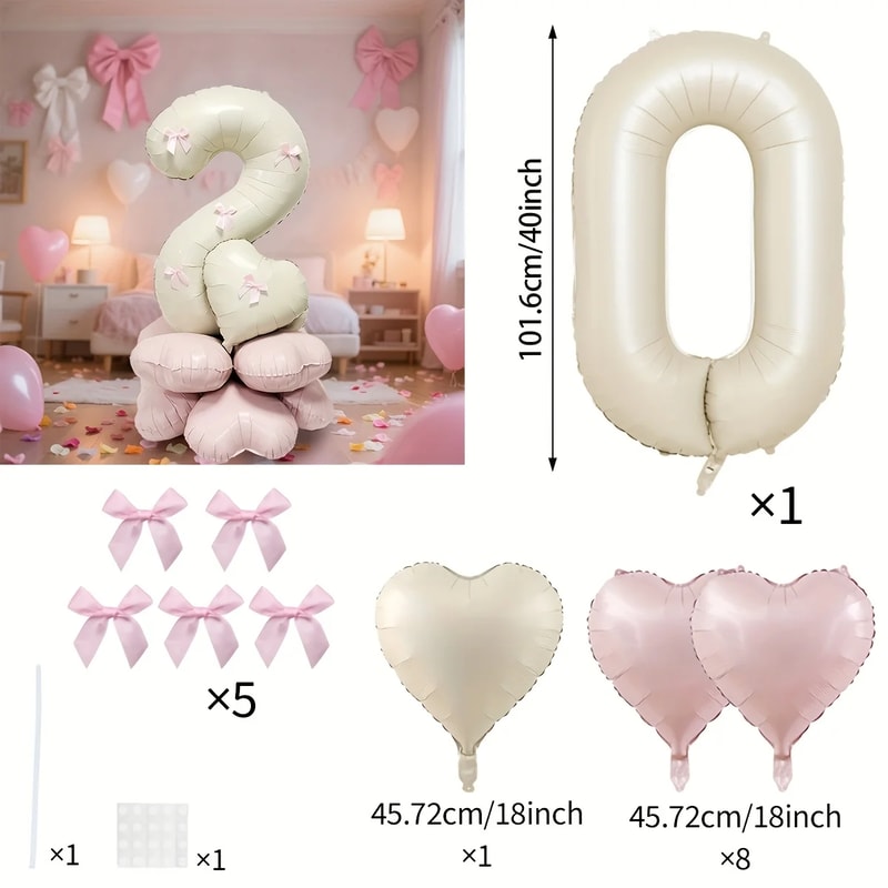 Cream White Balloon Set With Light Pink Heart Foil Bow For Birthday Wedding Valentines Day Annivers 4