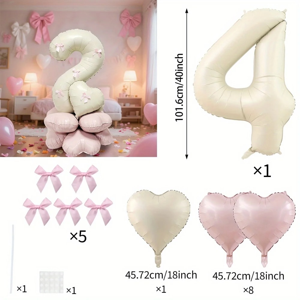 Cream White Balloon Set With Light Pink Heart Foil Bow For Birthday Wedding Valentines Day Annivers 8