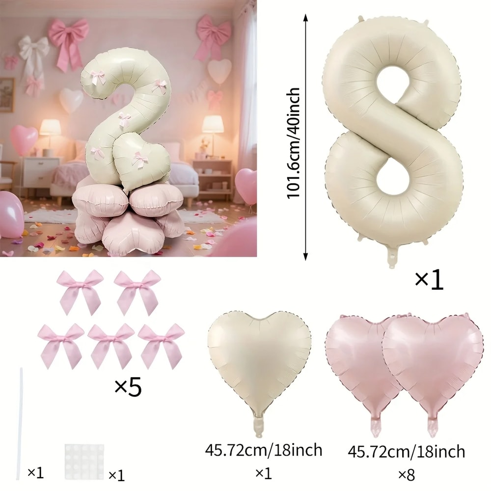 Cream White Balloon Set With Light Pink Heart Foil Bow For Birthday Wedding Valentines Day Annivers 12