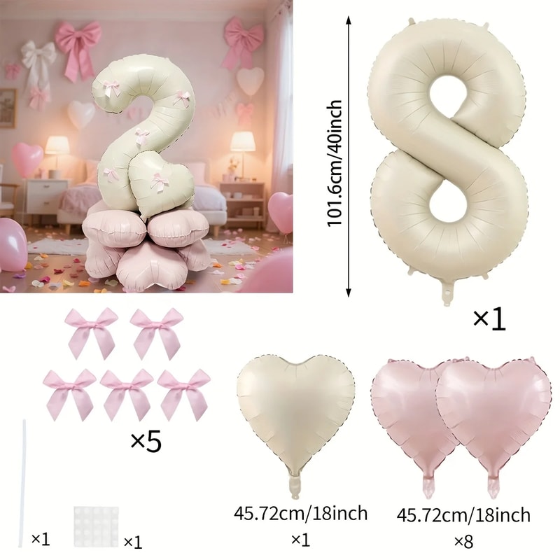 Cream White Balloon Set With Light Pink Heart Foil Bow For Birthday Wedding Valentines Day Annivers 12