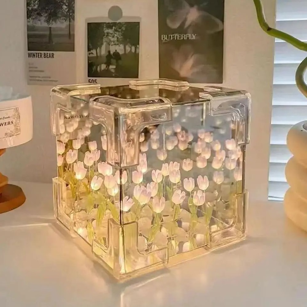 Flower Sea Cube Small Night Lamp Creative Diy Tulip Nightlight Decor Valentines Day Birthday Gift 0