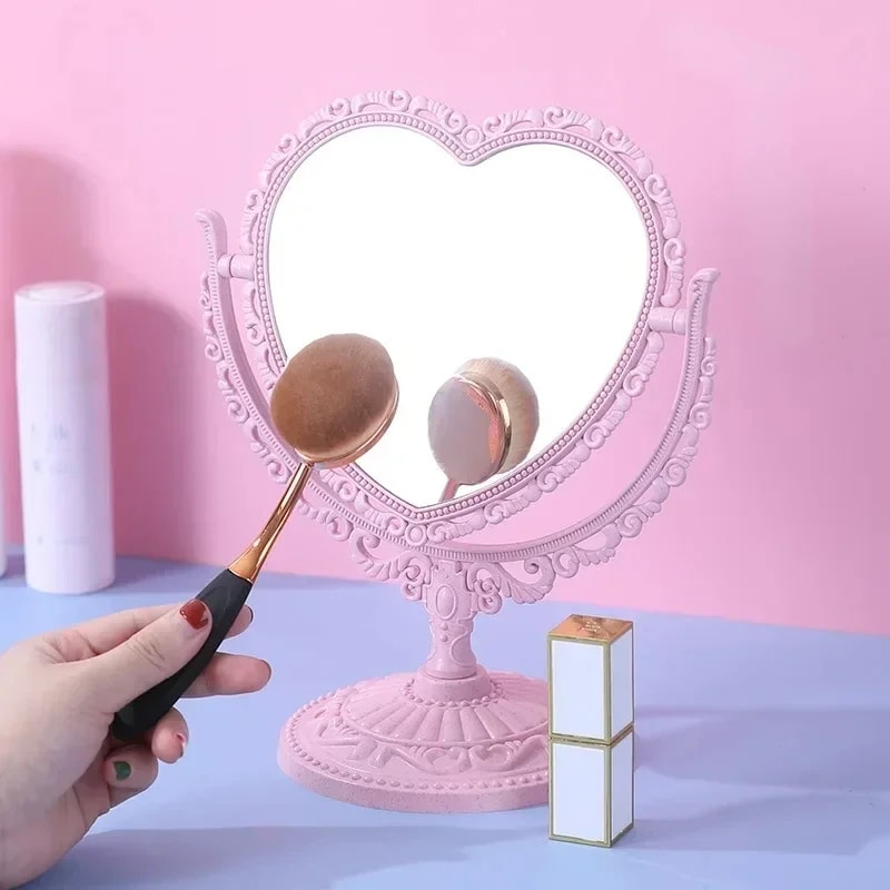 Oval Pink Heart Shape Style Retro Make Up Mirror For Dormitory 1