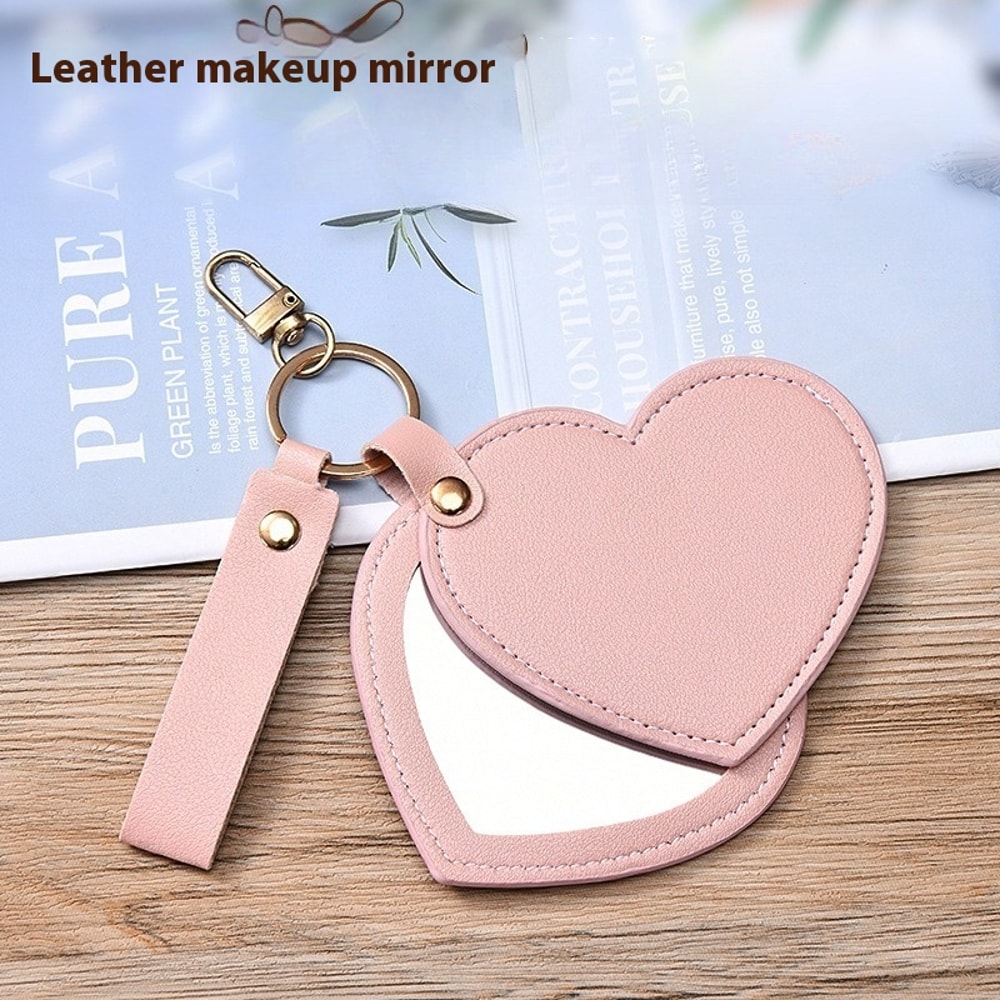 Portable Compact Heart Shape PU Leather Makeup Mirror Creativity Keychain for Purse Travel Gift