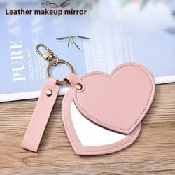 portable compact heart shape pu leather makeup mirror creativity keychain for purse travel gift