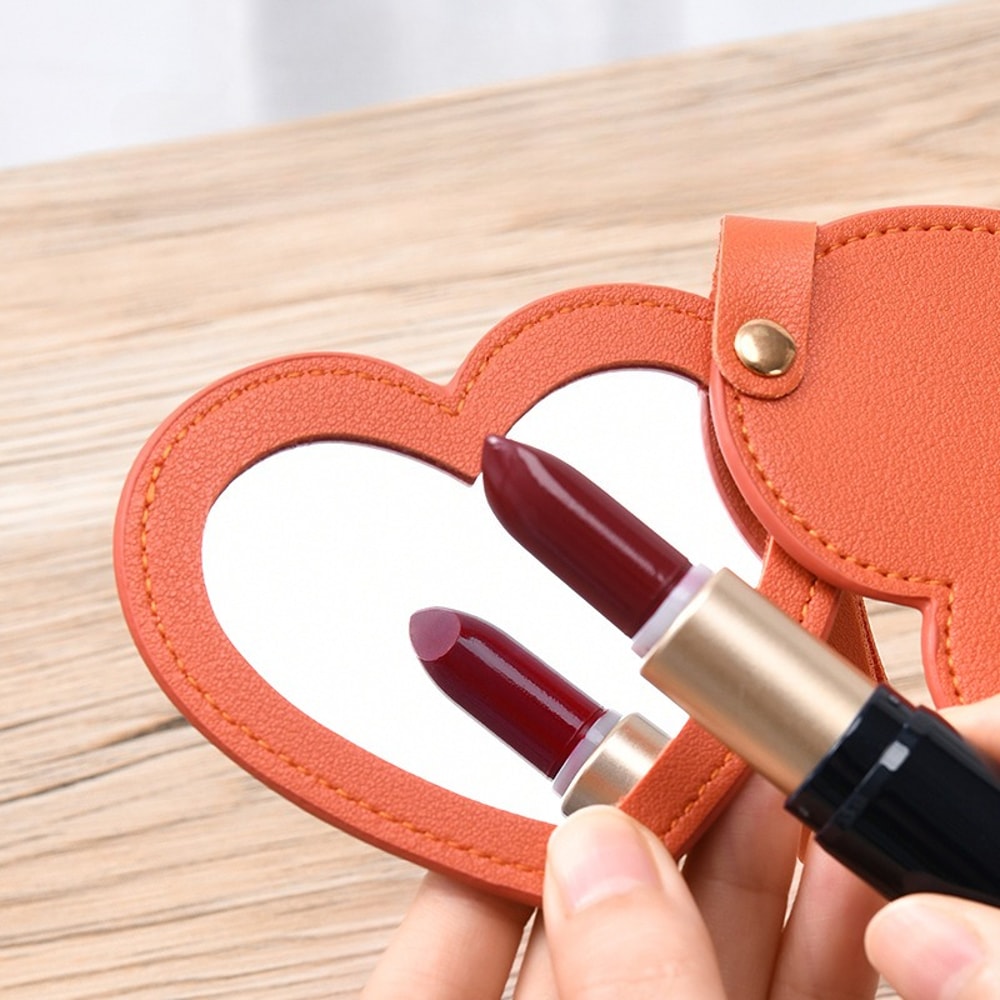 Portable Compact Heart Shape PU Leather Makeup Mirror Creativity Keychain For Purse Travel Gift 3