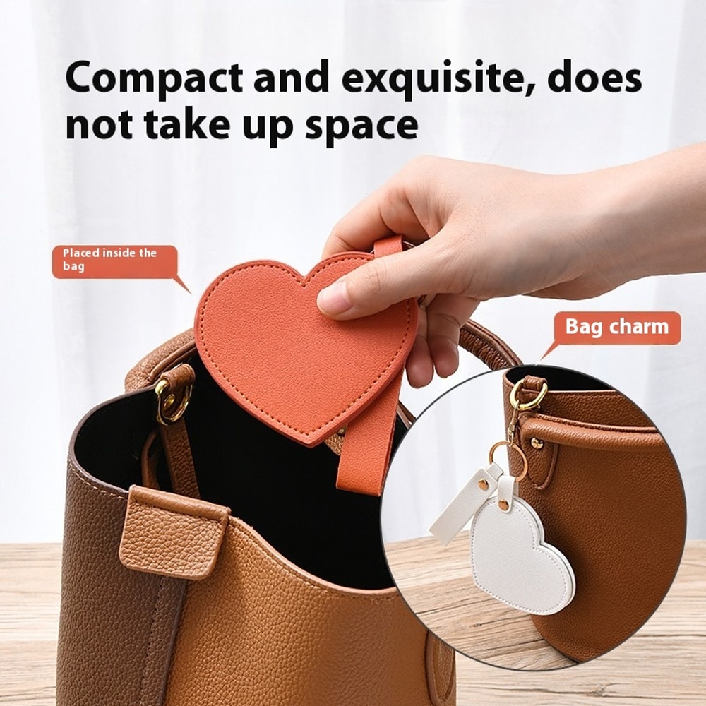 Portable Compact Heart Shape PU Leather Makeup Mirror Creativity Keychain For Purse Travel Gift 1