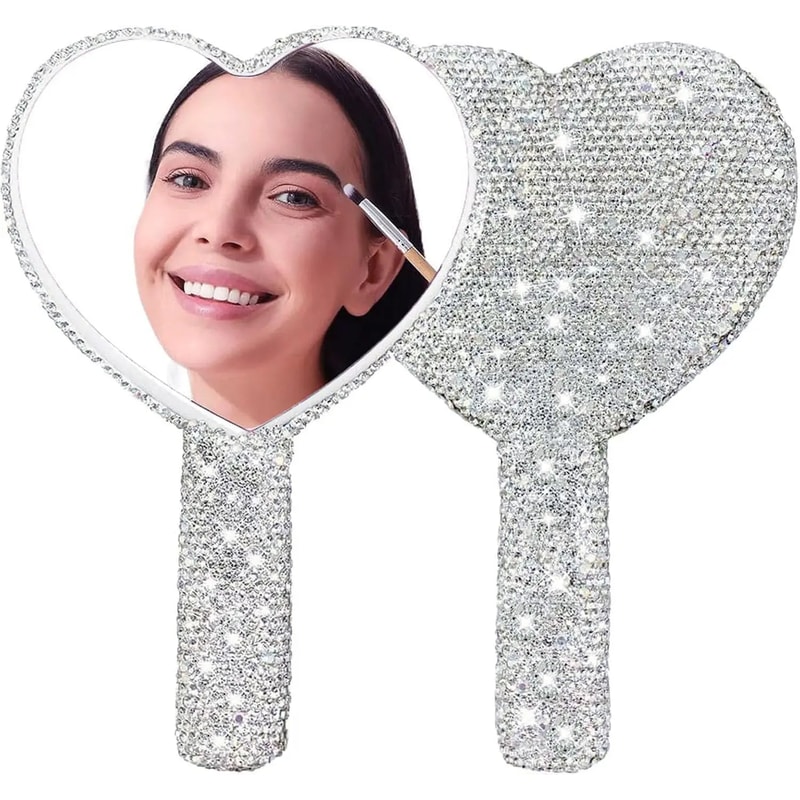 Love Heart Diamond Handheld Makeup Mirror Cosmetic Vanity Tool For Girls 0