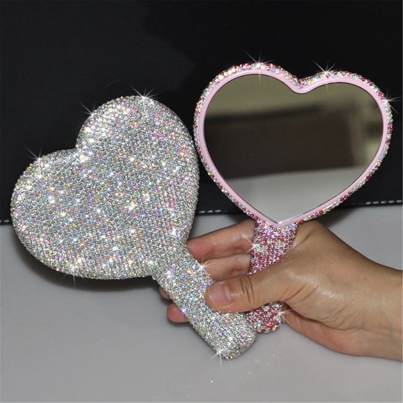 Love Heart Diamond Handheld Makeup Mirror Cosmetic Vanity Tool For Girls 1