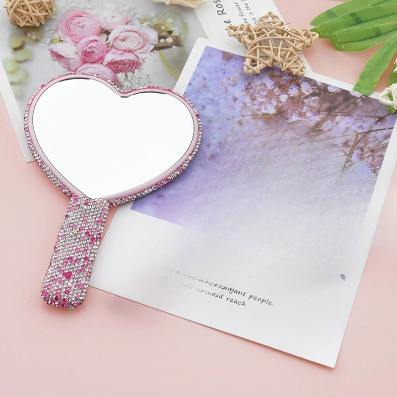 Love Heart Diamond Handheld Makeup Mirror Cosmetic Vanity Tool For Girls 3