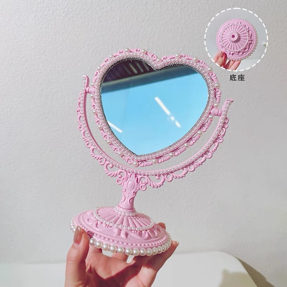 Simple Rotatable Makeup Mirror Heart Shaped Vanity Desktop Table Pink Travel Girl Gift 2