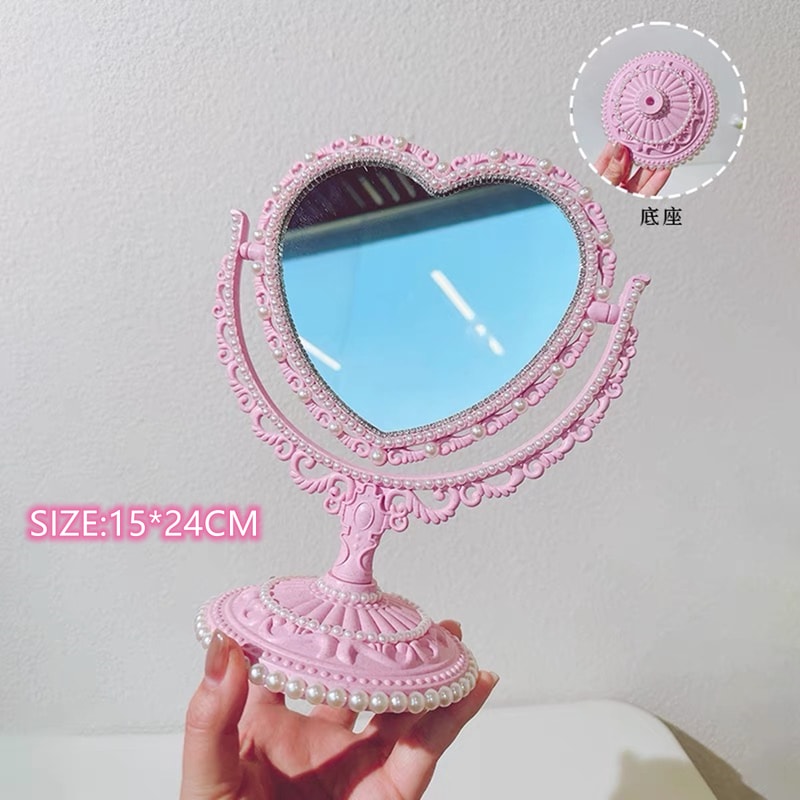 Simple Rotatable Makeup Mirror Heart Shaped Vanity Desktop Table Pink Travel Girl Gift 6