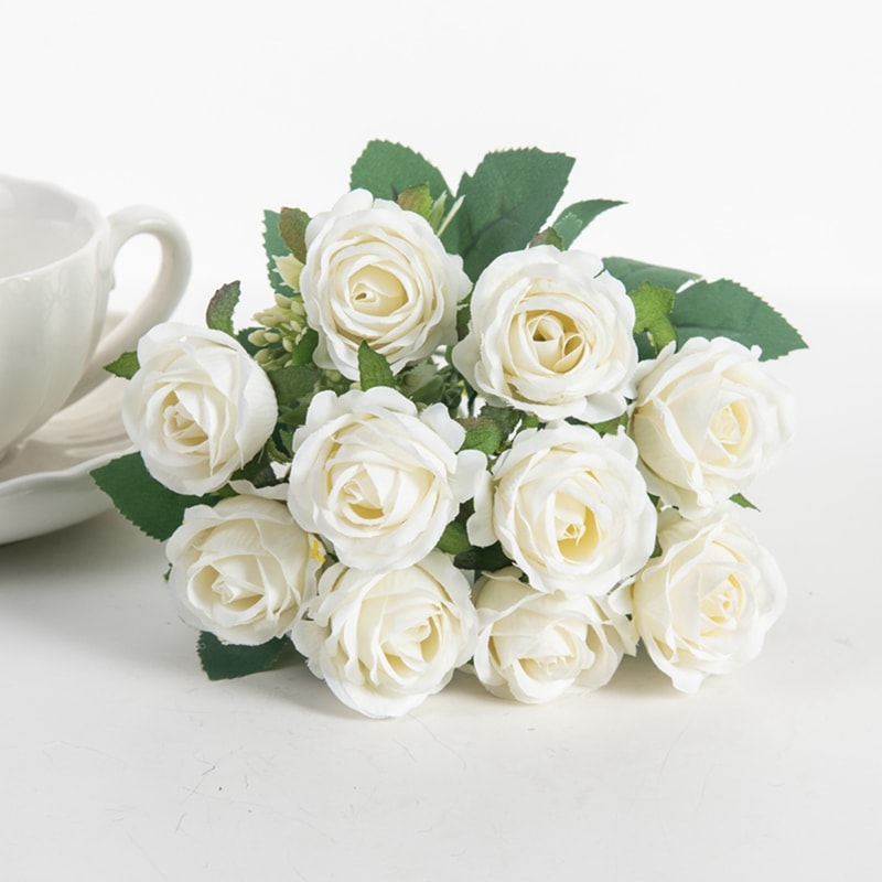 Head Silk White Artificial Rose Bundle For Garden Wedding Party Family Room Vase 10