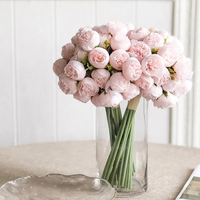 Artificial Silk Rose Pink Peony Bouquet Heads Fake Flowers For Home Table Vase Wedding Decor 1