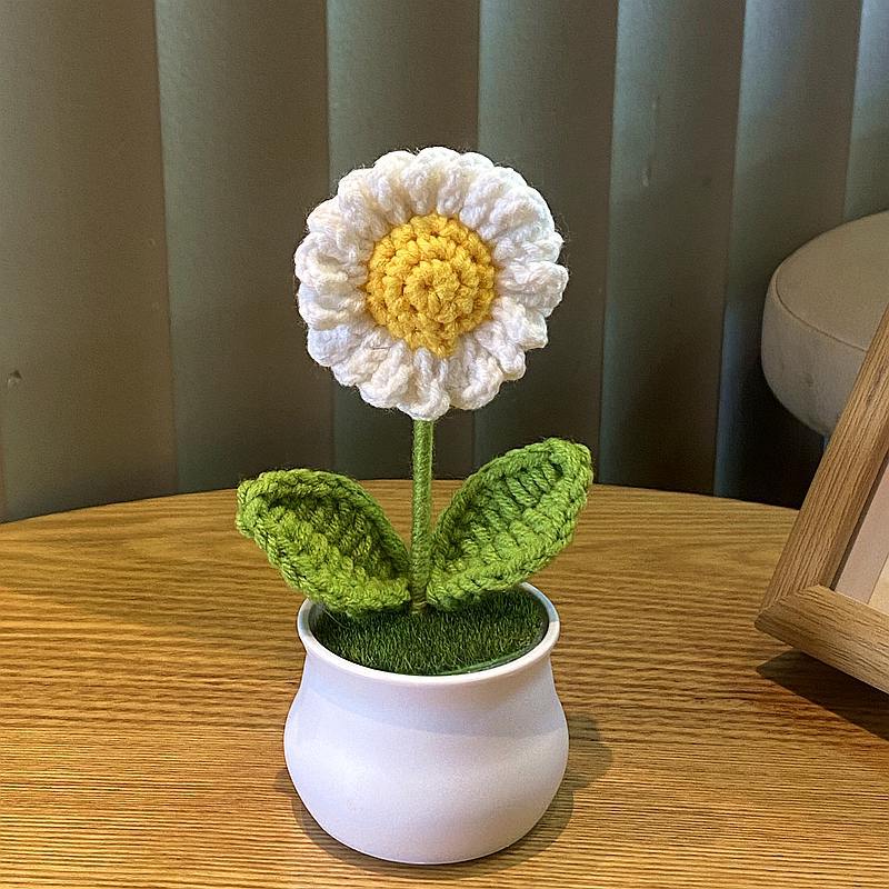 Handwoven DIY Mini Rose Potted Flower Woolen Thread Finished Home Decor for Office and Desktop