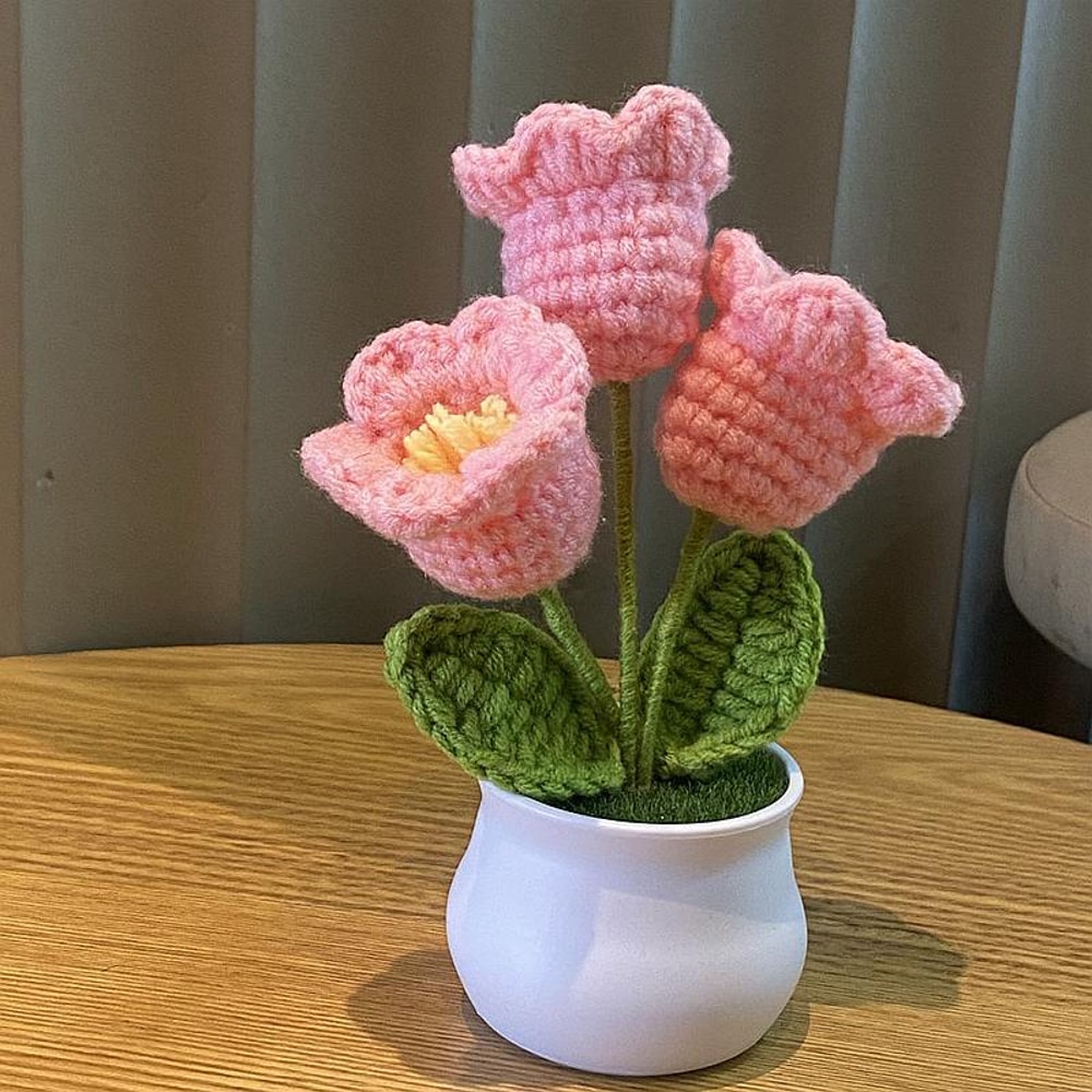 Handwoven DIY Mini Rose Potted Flower Woolen Thread Finished Home Decor for Office and Desktop