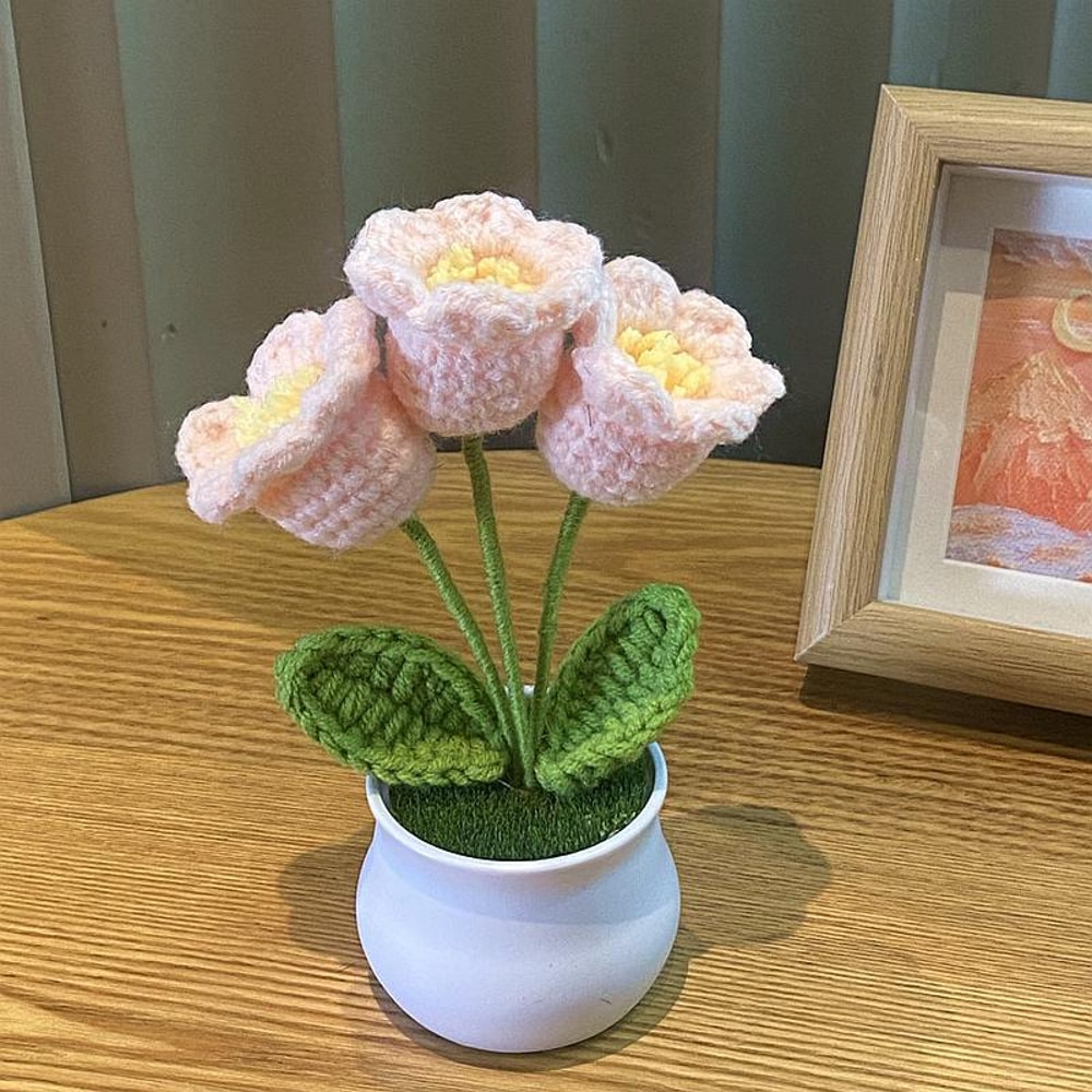 Handwoven DIY Mini Rose Potted Flower Woolen Thread Finished Home Decor for Office and Desktop
