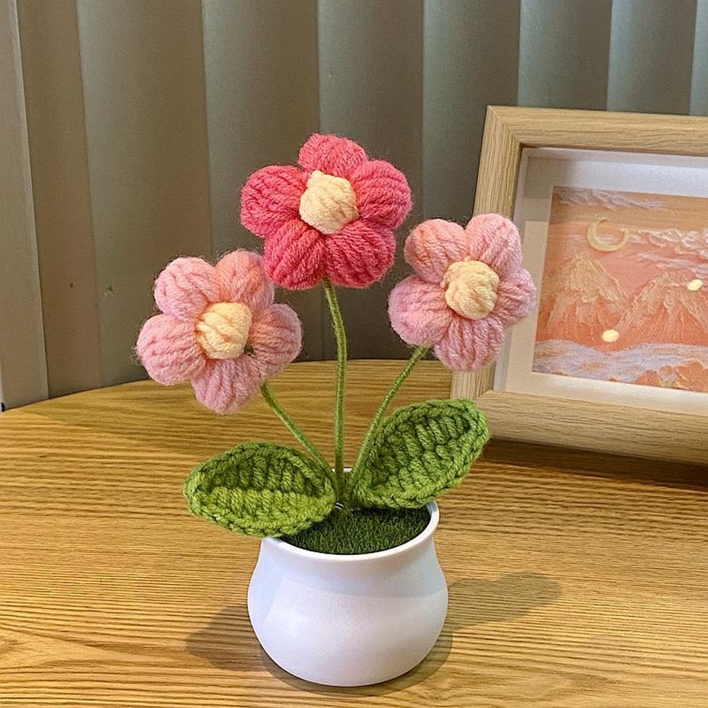 Handwoven DIY Mini Rose Potted Flower Woolen Thread Finished Home Decor for Office and Desktop