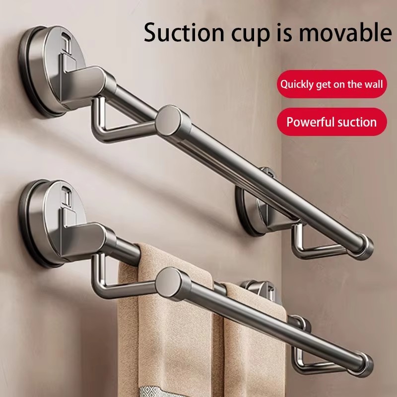 Punchfree Aluminum Double Rod Towel Shelf Bathroom Hanging Towel Slipper Storage Rack 2