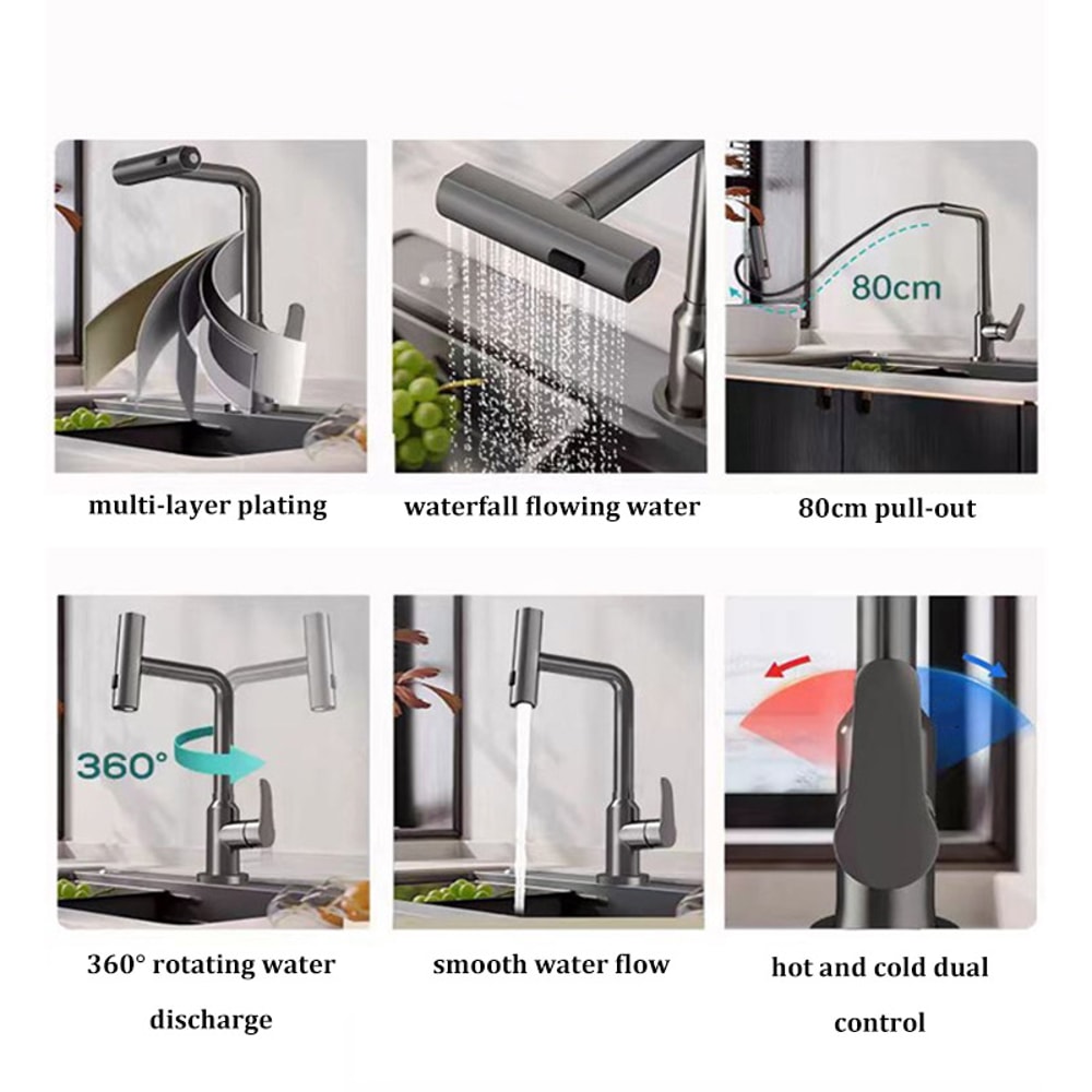 Multifunctional Stainless Steel Kitchen Faucet Pullout Hot And Cold Rotatable Sink Splashproof Hous 5