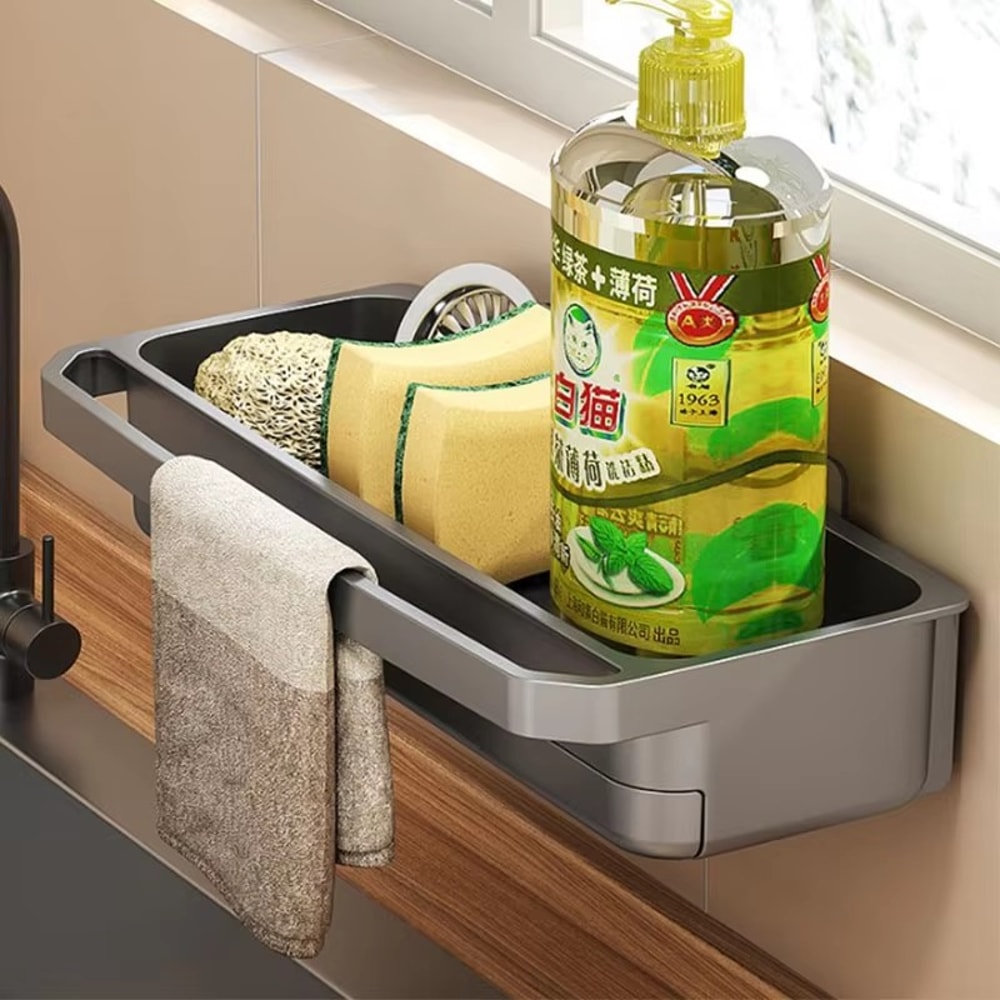 Wallmounted Sink Rack Faucet Storage Rack Adjustable Holefree Drain Tray Kitchen Sponge Storage She 2