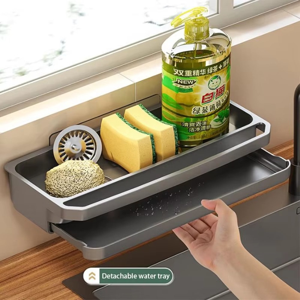 Wallmounted Sink Rack Faucet Storage Rack Adjustable Holefree Drain Tray Kitchen Sponge Storage She 3