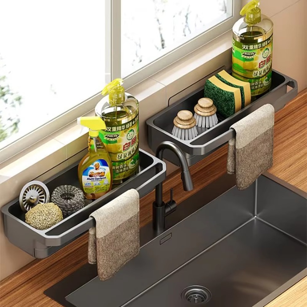Wallmounted Sink Rack Faucet Storage Rack Adjustable Holefree Drain Tray Kitchen Sponge Storage She 0