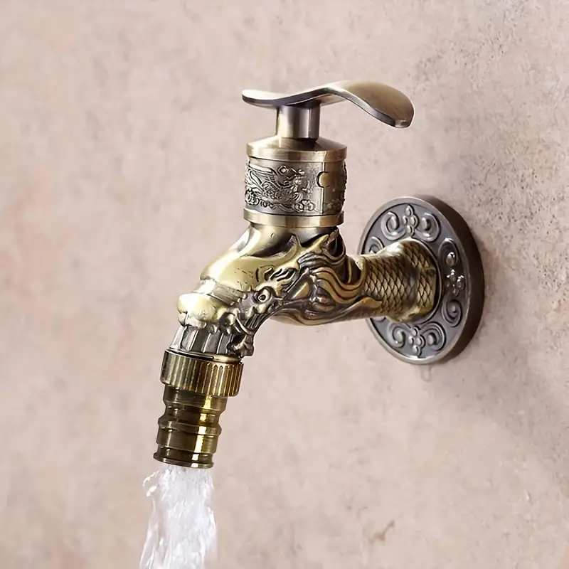 Retro Wallmounted Faucet Antique Zinc Alloy Engraved Single Cold Mop Pool Faucet 6