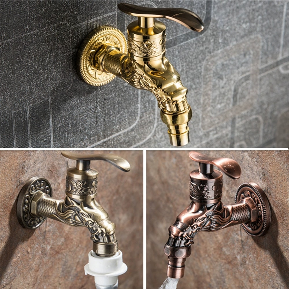 Retro Wallmounted Faucet Antique Zinc Alloy Engraved Single Cold Mop Pool Faucet 2