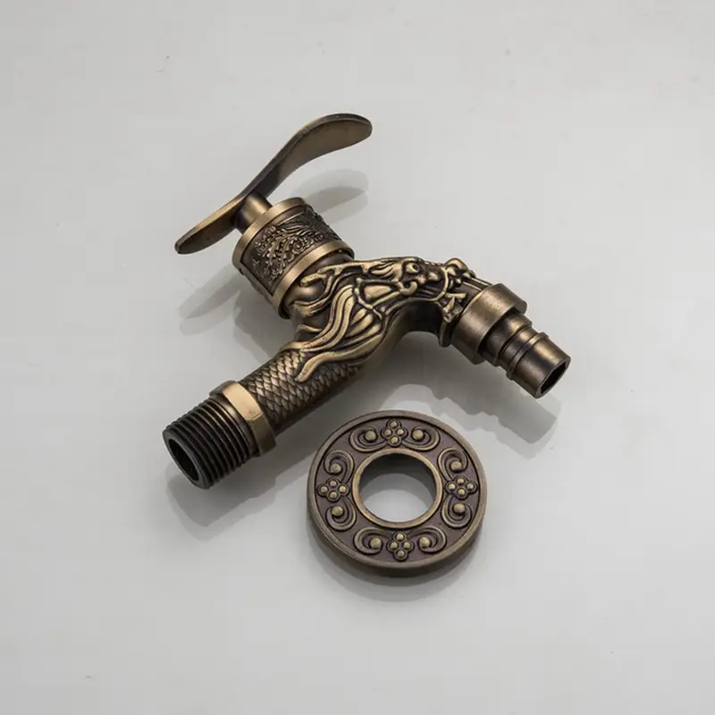 Retro Wallmounted Faucet Antique Zinc Alloy Engraved Single Cold Mop Pool Faucet 4