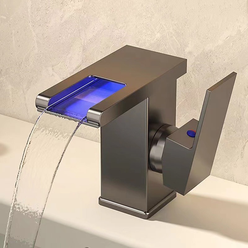 Luminous Waterfall Faucet Allcopper LED Light Hot And Cold Basin Faucet 0