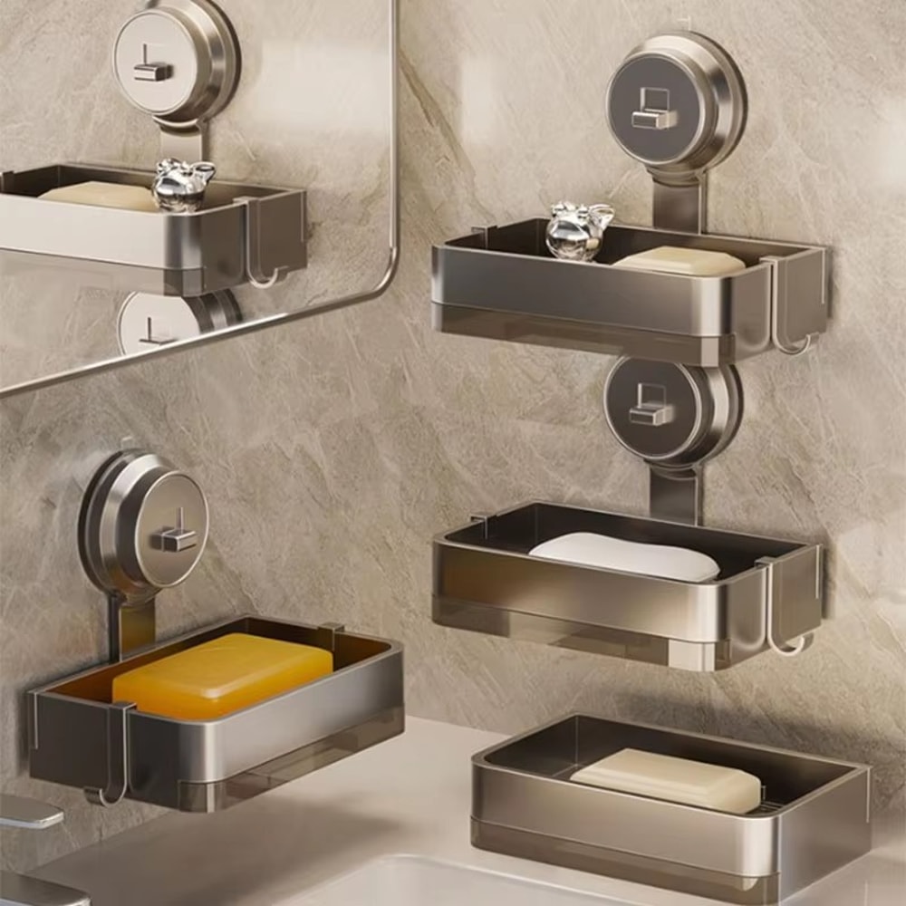 Space Aluminum Wallmounted Suction Cup Soap Box Bathroom Shelf Drain Rack Storage For Toilet Washin 0