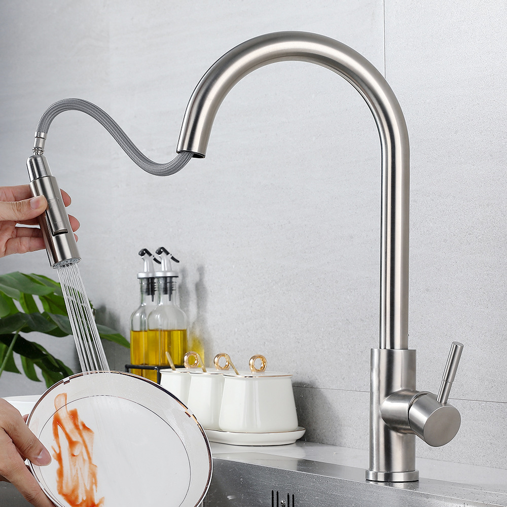 Telescopic Stainless Steel Kitchen Faucet Hot And Cold Pullout Splashproof Sink For Household Use W 0