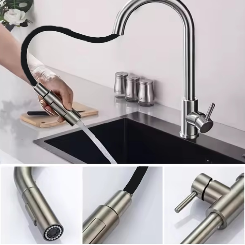 Pullout Kitchen Faucet Stainless Steel Brushed Sink Faucet Single Hole Water Faucet 3