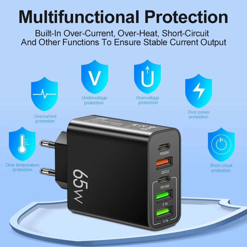 Multi Ports USB C Charger PD Type C Fast Charging Power Adapter Quick Charge Ports Wall Charger 3