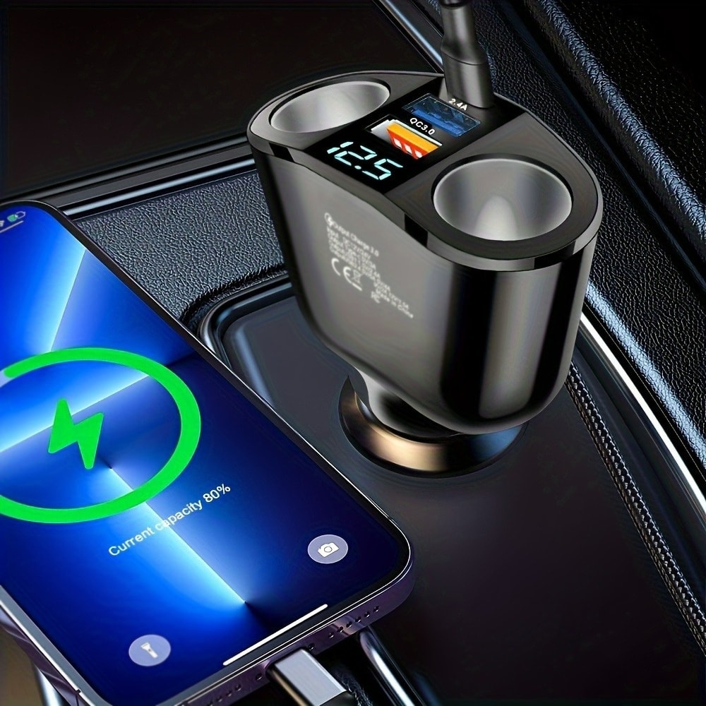 Multi Ports Car Charger Fast Charging Type C Digital Display Auto Phone Cigarette Lighter 2