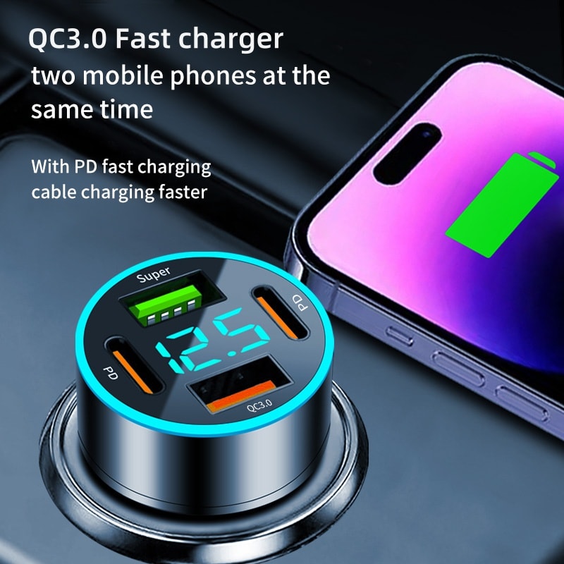 USB PD Car Charger Type C Quick Charge 30 Fast Charging Adapter With LED Display 5
