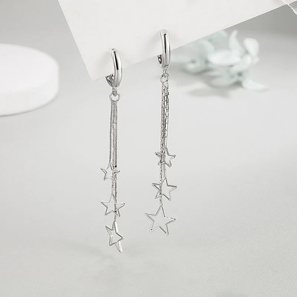 Popular Elegant Three Stars Hoop Earrings for Women, Sterling Silver with Long Tassel Design